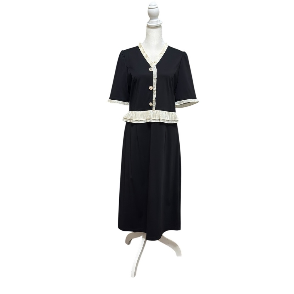 Goelia Black Midi Dress with Cream Trim